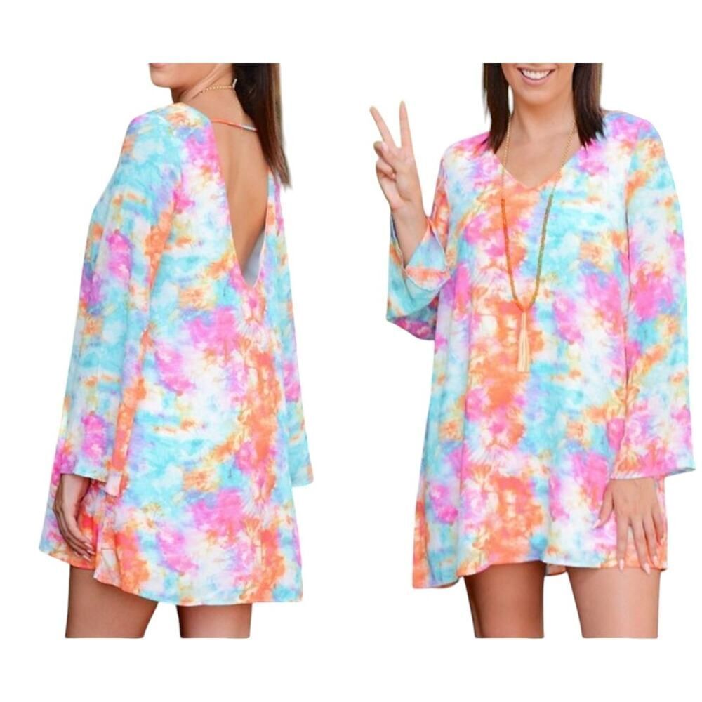 Peach Love California Pastel Tie-Dye V-Neck/Low Back Long Sleeve Mini Dress M